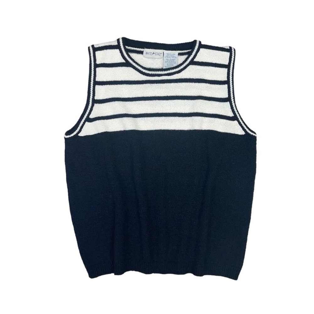 Vintage White Stag Sweater Vest Women’s Large Black Ivory Striped Knit